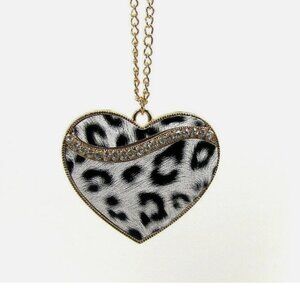 Large Animal Print Heart Pendant Necklace with Crystals, Fashion Heart Necklace